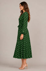 Women's Long Sleeve Pleated  Polka Dot Midi Dress