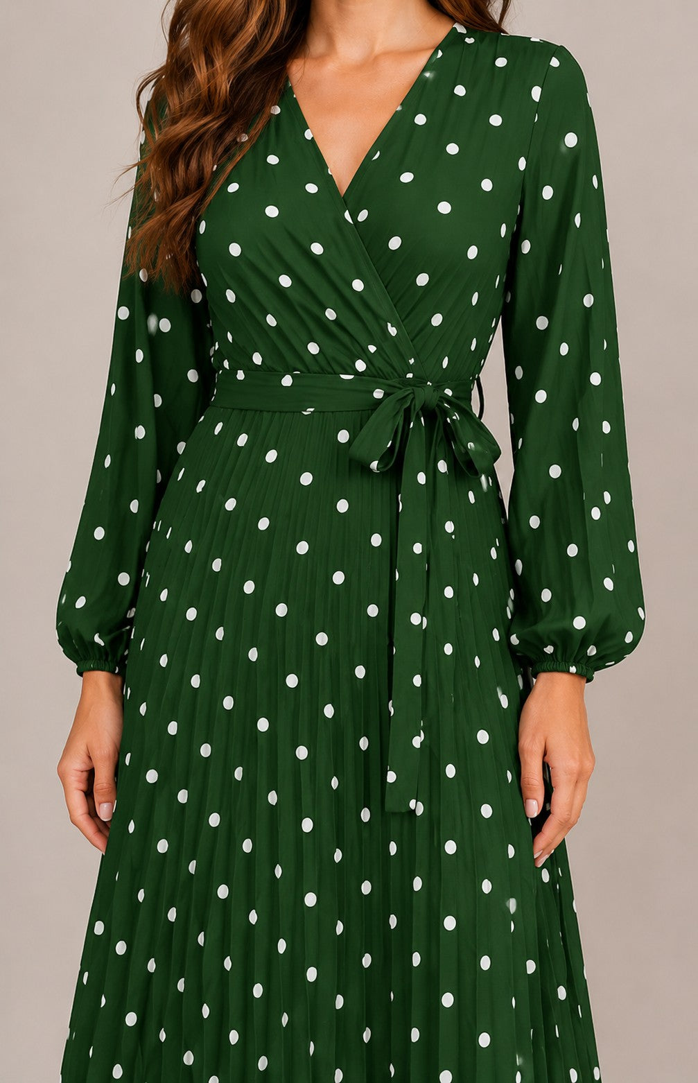 Women's Long Sleeve Pleated  Polka Dot Midi Dress