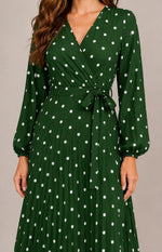 Women's Long Sleeve Pleated  Polka Dot Midi Dress