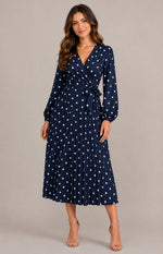 Women's Long Sleeve Pleated  Polka Dot Midi Dress