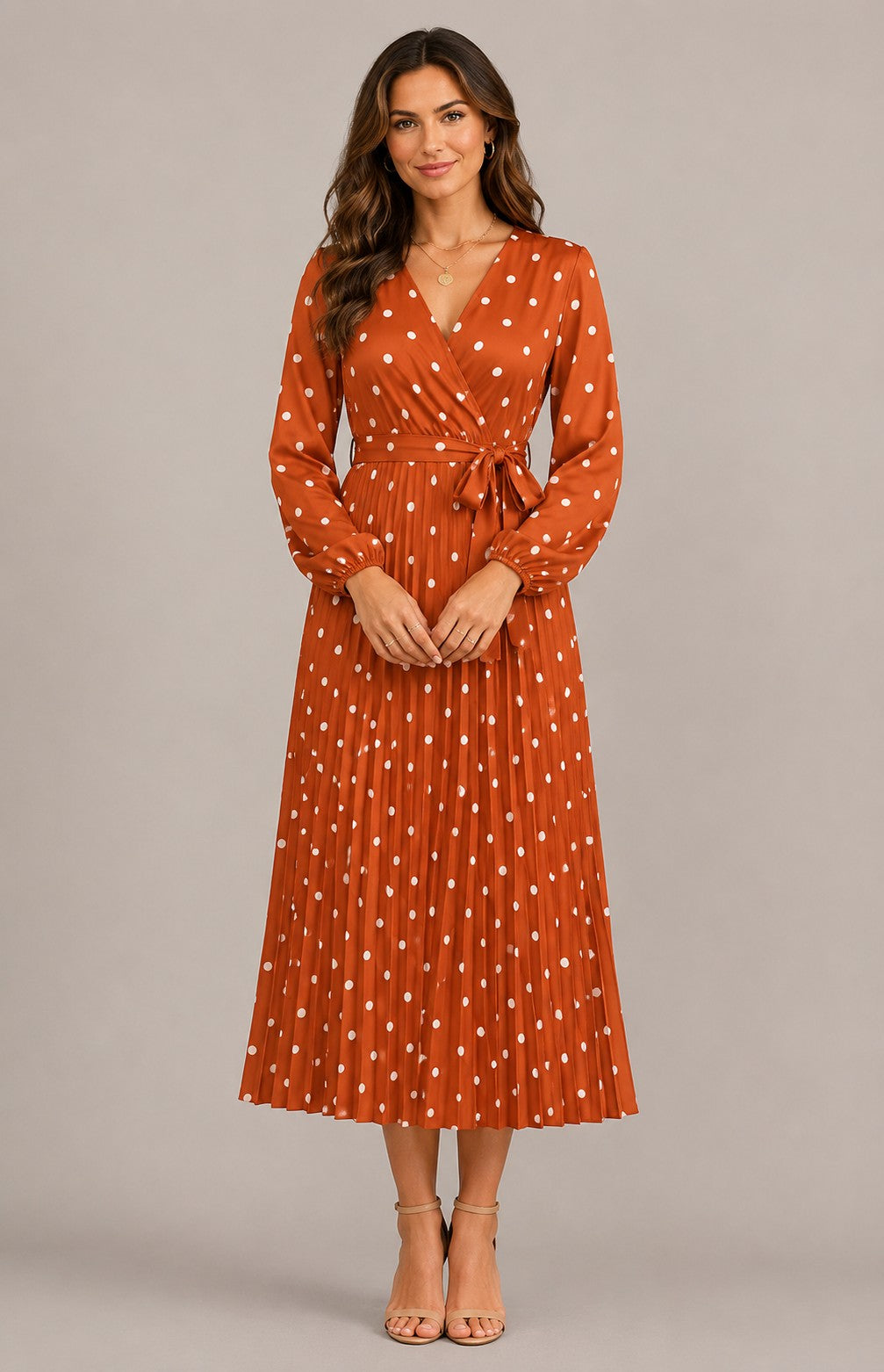 Women's Long Sleeve Pleated  Polka Dot Midi Dress