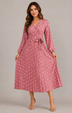 Women's Long Sleeve Pleated  Polka Dot Midi Dress
