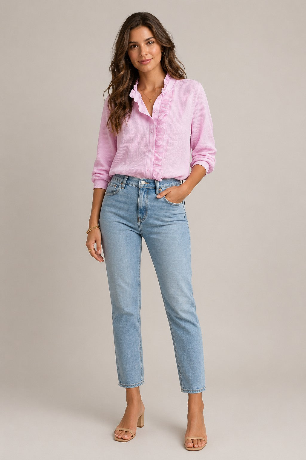 Women’s Long Sleeve Ruffle Front Button Blouse