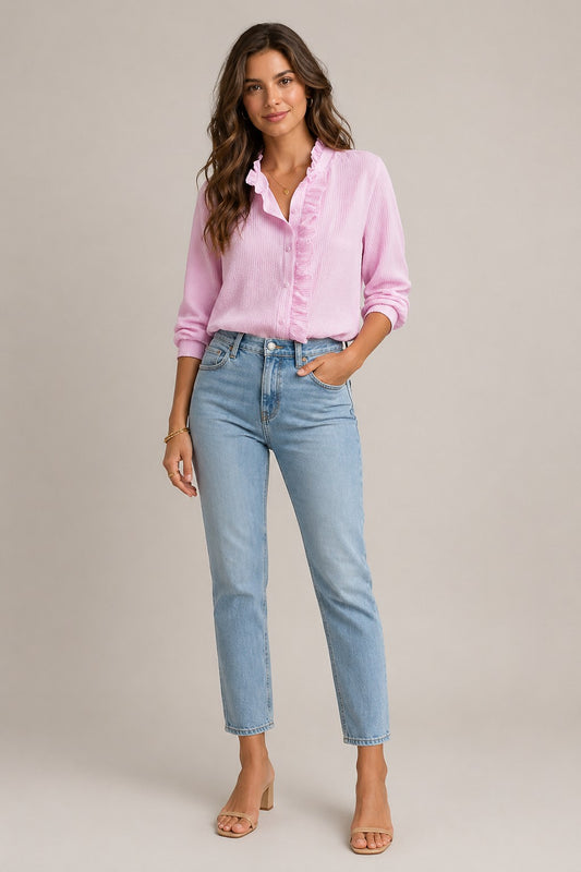 Women’s Long Sleeve Ruffle Front Button Blouse