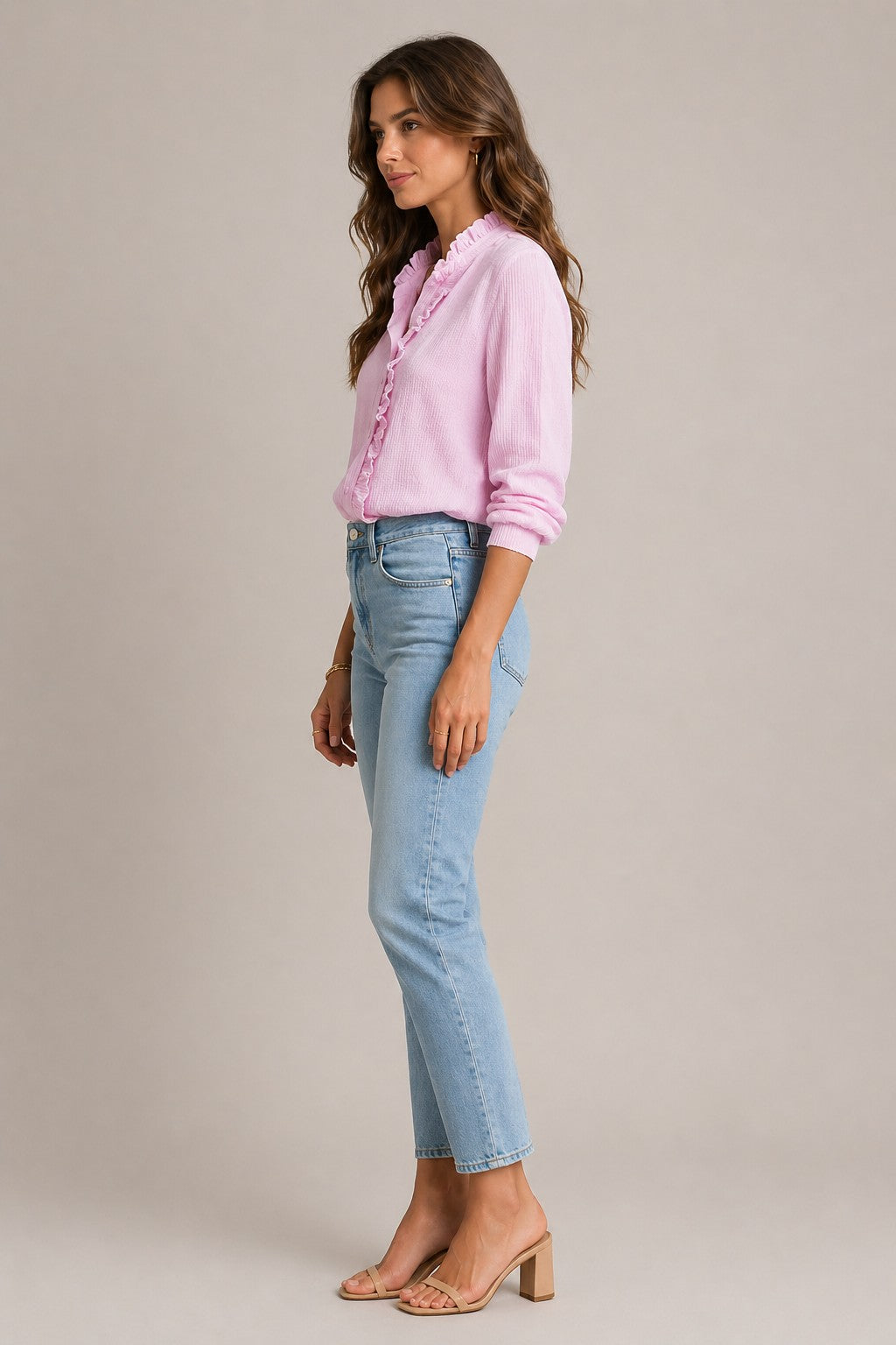 Women’s Long Sleeve Ruffle Front Button Blouse