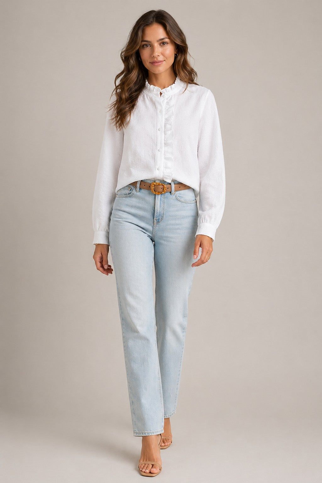 Women’s Long Sleeve Ruffle Front Button Blouse