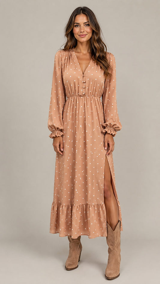 Women's Long Sleeve V-Neck Polka Dot Maxi Dress