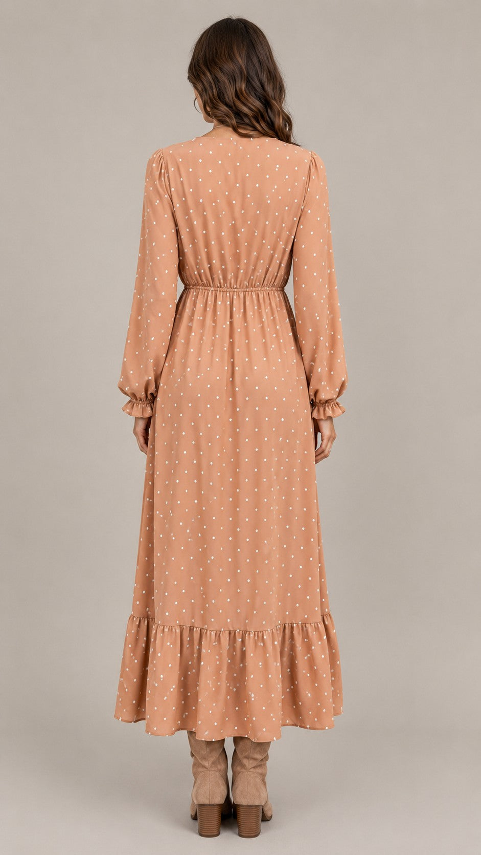 Women's Long Sleeve V-Neck Polka Dot Maxi Dress