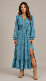 Women's Long Sleeve V-Neck Polka Dot Maxi Dress