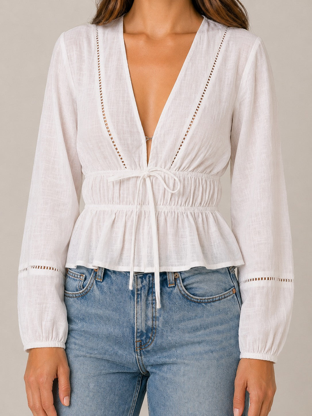 Women’s Long Sleeve V-Neck Tie Front Blouse