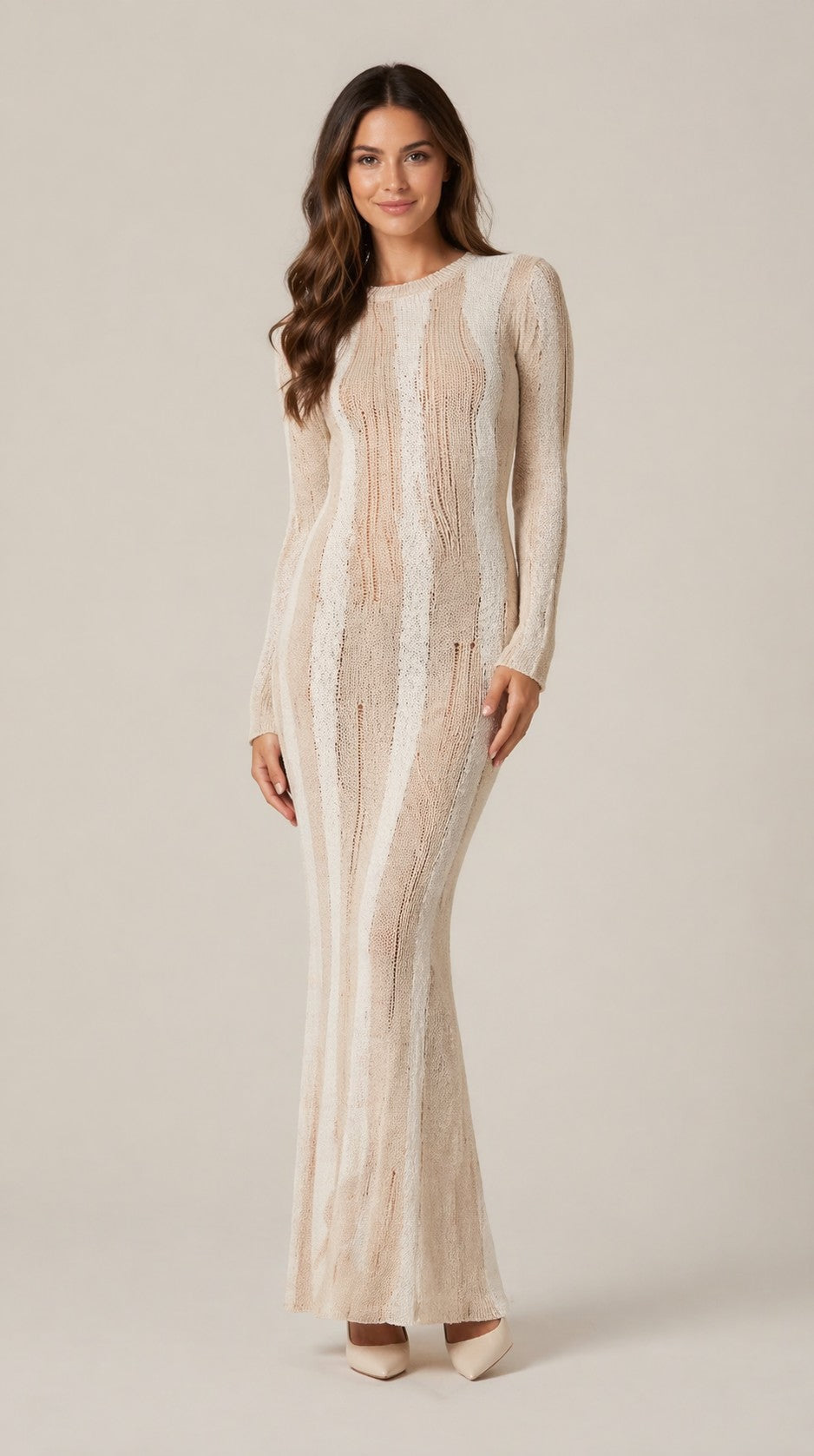 Women’s Long Sleeve Vertical Knit Pattern Maxi Dress