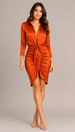 Women's Long Sleeves Ruched Collared Neck Midi Dress