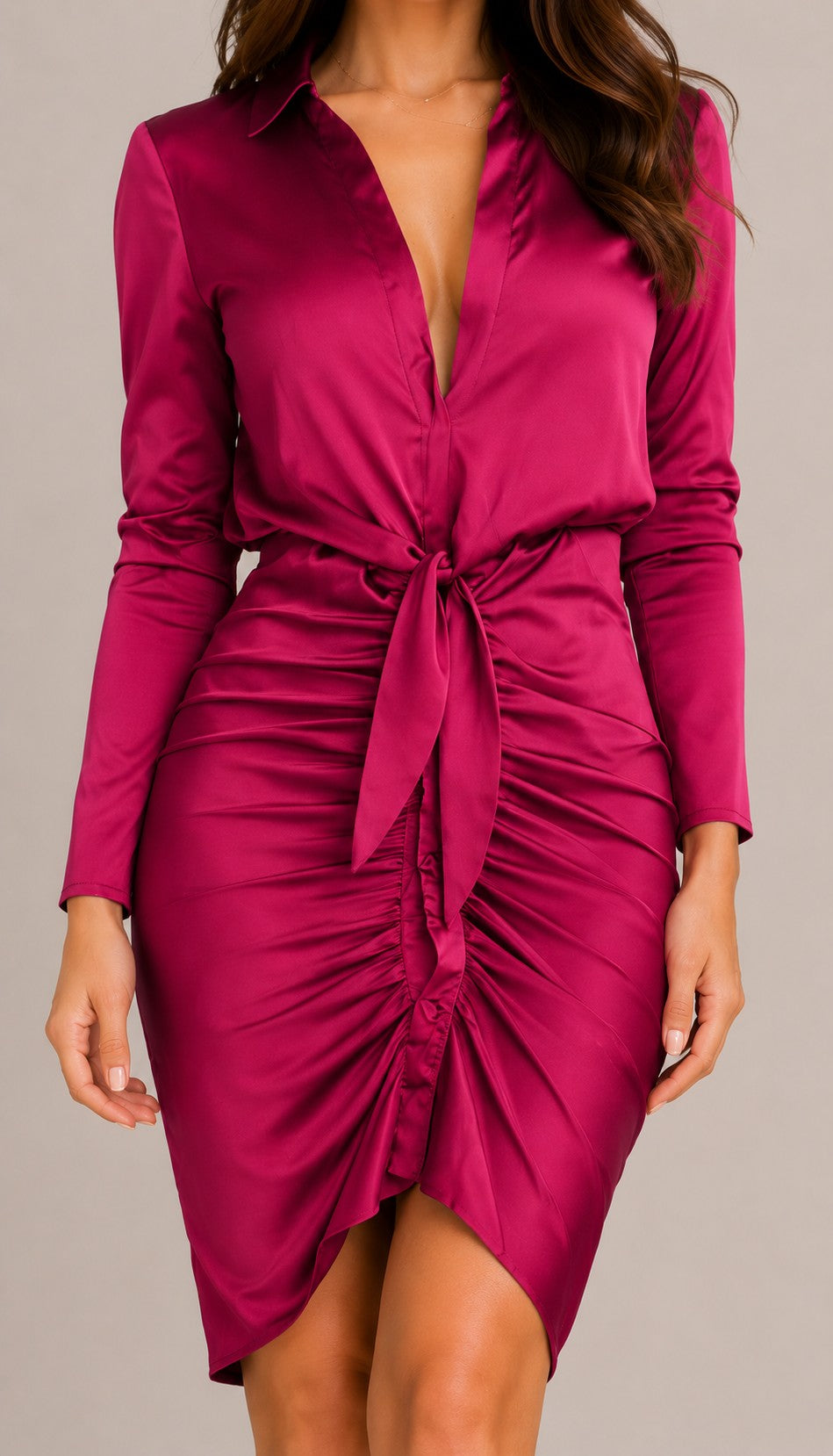 Women's Long Sleeves Ruched Collared Neck Midi Dress