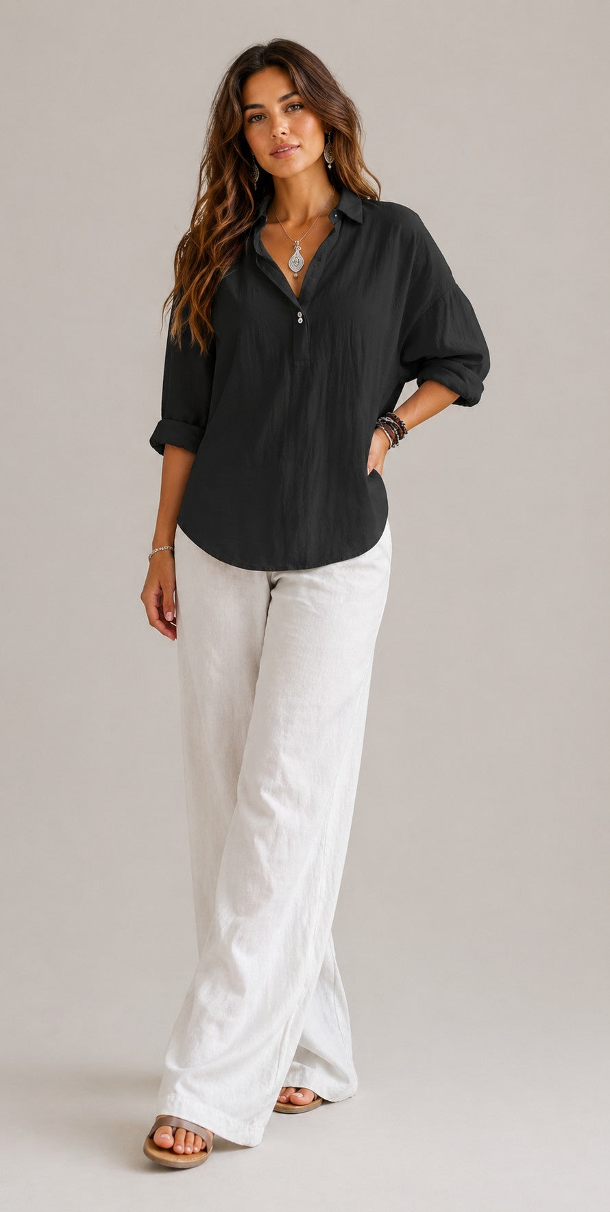 Women’s Loose Fit Roll-Up Sleeve Blouse