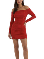 Women's Off Shoulder Long Sleeve Ruched Mini Dress