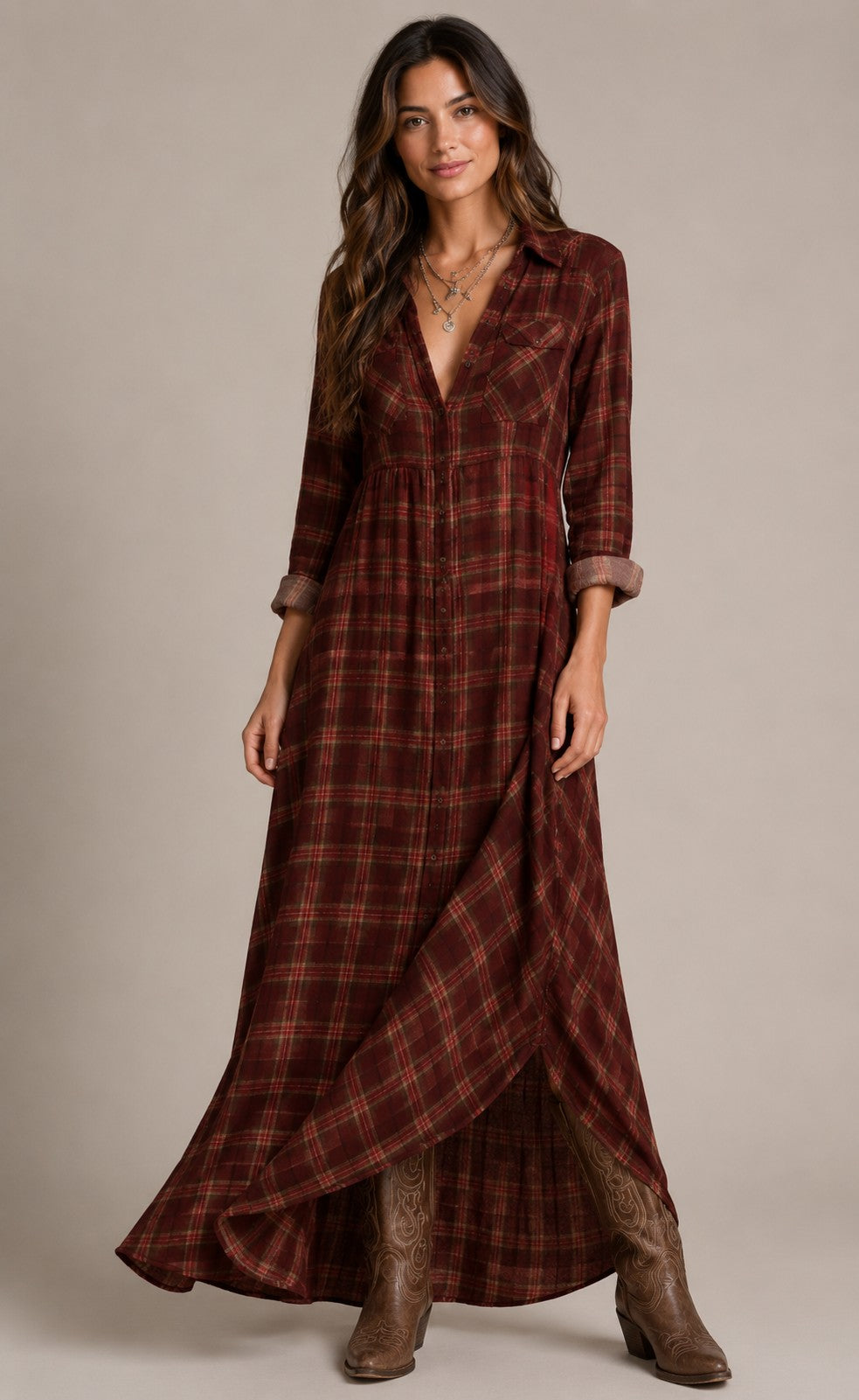 Women's Plaid Button Front Maxi Dress