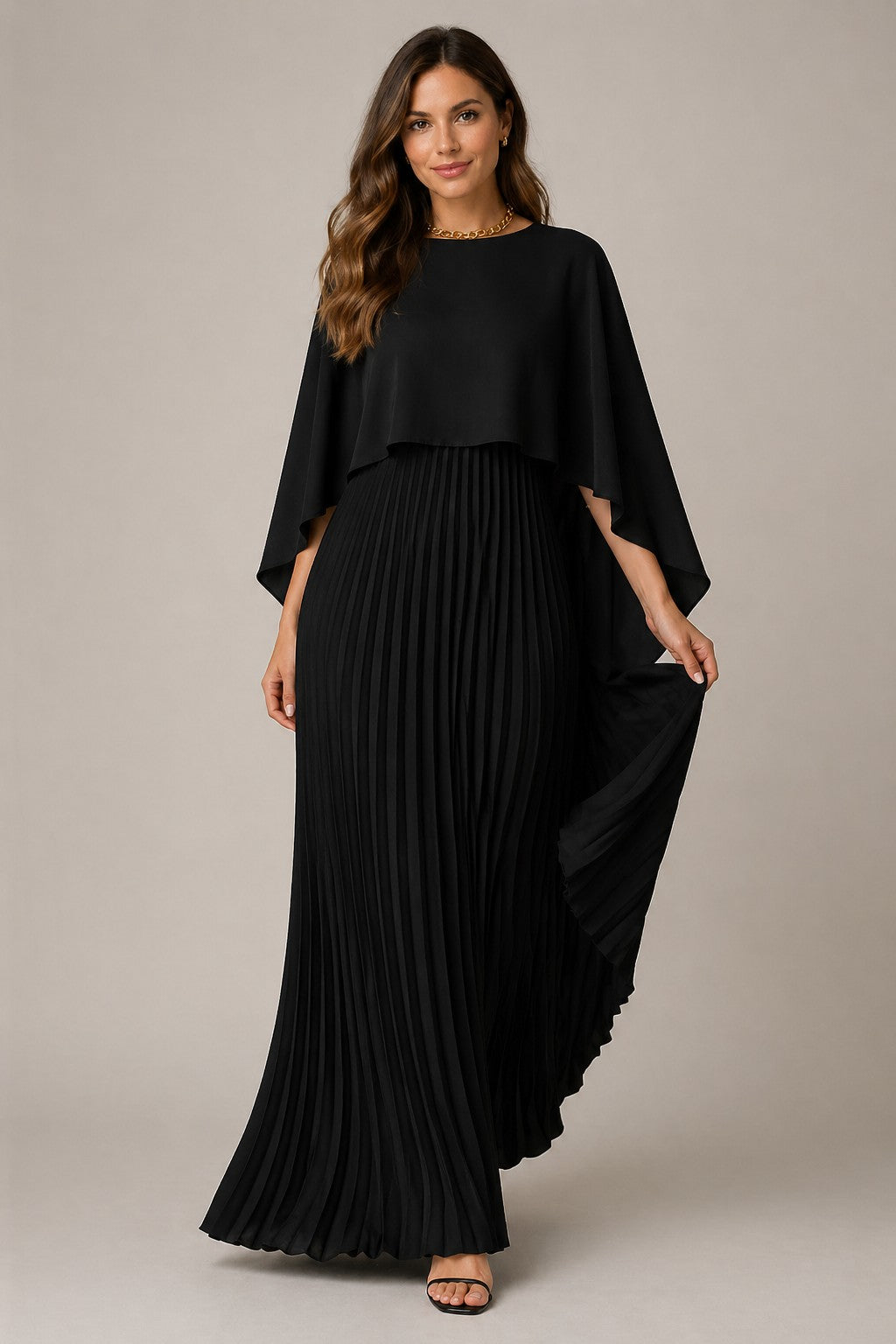 Women’s Pleated Cape Maxi Dress