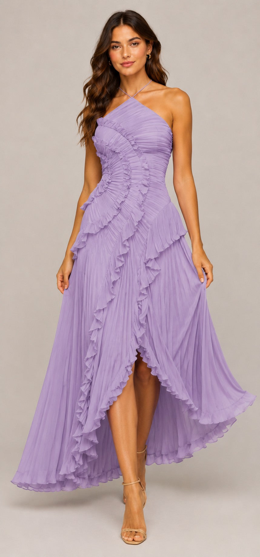 Women's Pleated High-Low Halter Dress