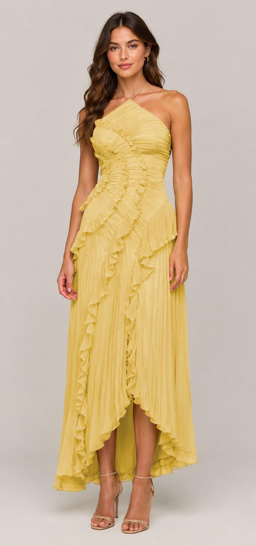 Women's Pleated High-Low Halter Dress