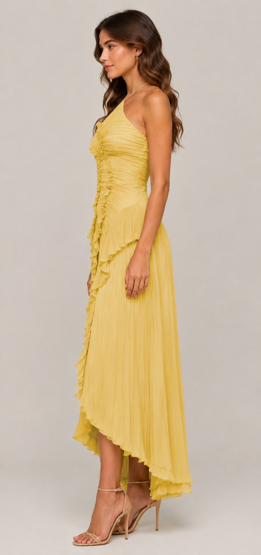 Women's Pleated High-Low Halter Dress