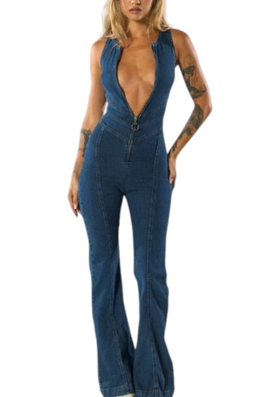 Women's Plunge Neck Flared Leg Jumpsuit
