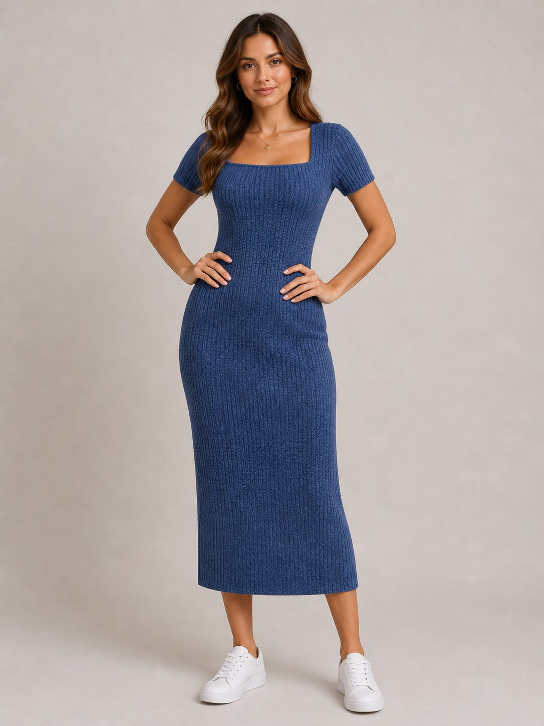 Women's Ribbed Short Sleeve Bodycon Midi Dress