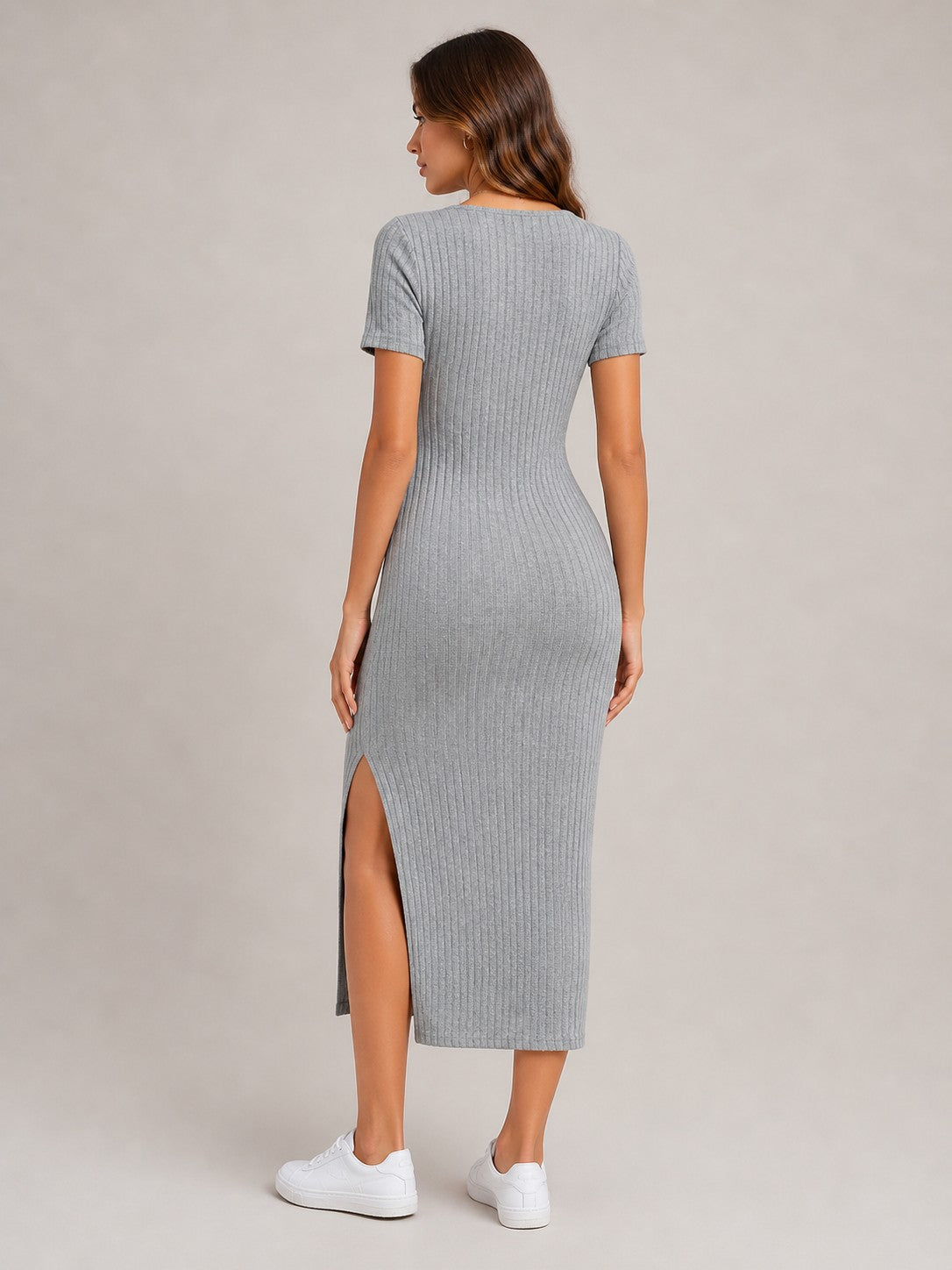 Women's Ribbed Short Sleeve Bodycon Midi Dress
