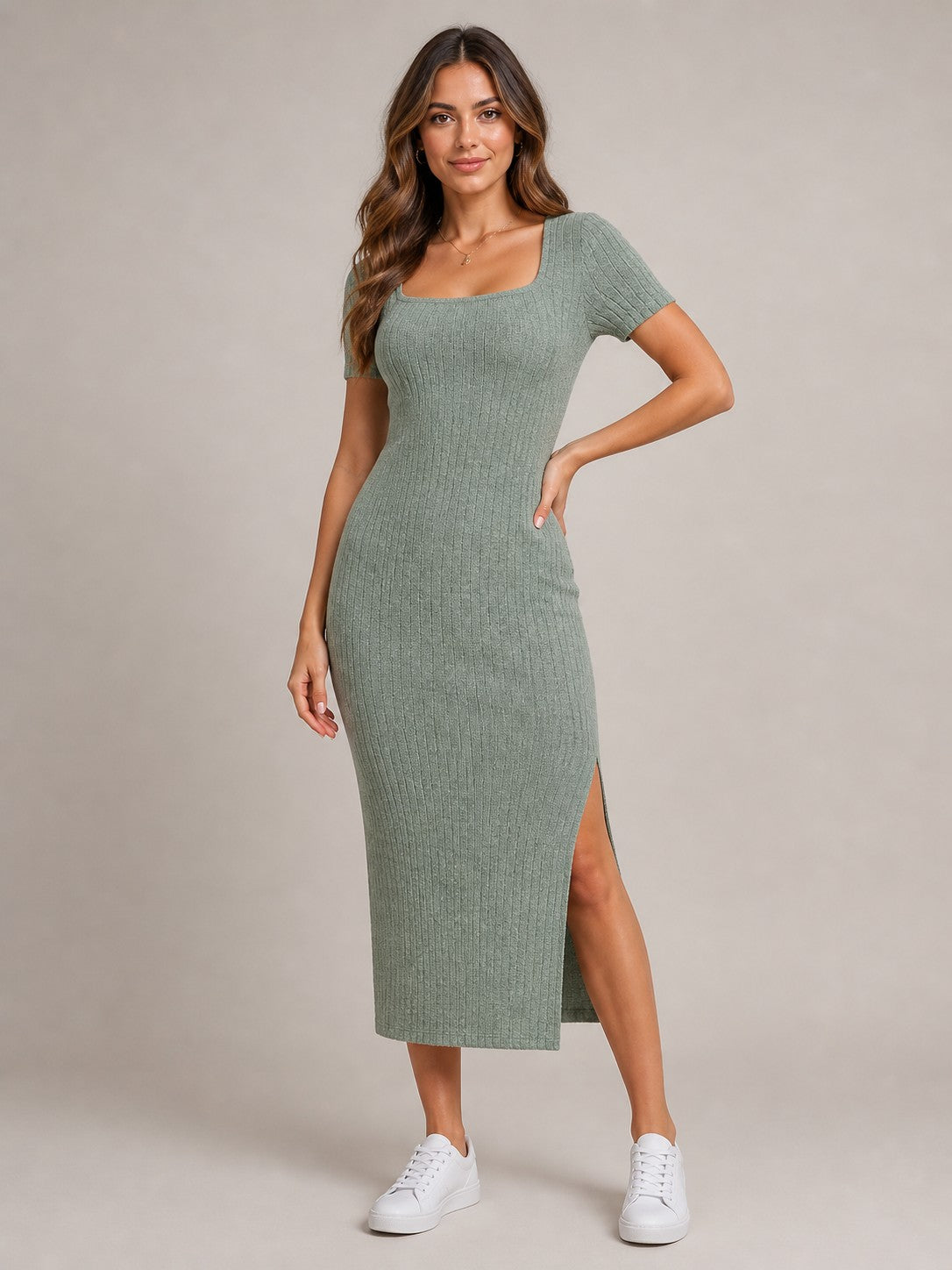 Women's Ribbed Short Sleeve Bodycon Midi Dress
