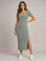 Women's Ribbed Short Sleeve Bodycon Midi Dress