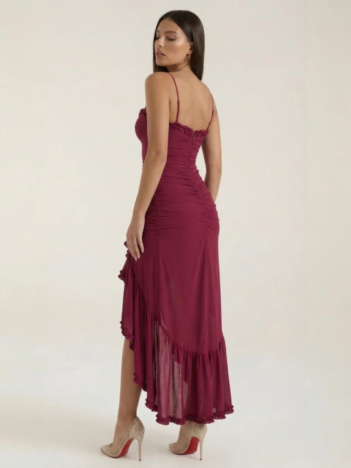 Women's Ruched Ruffle Maxi Dress