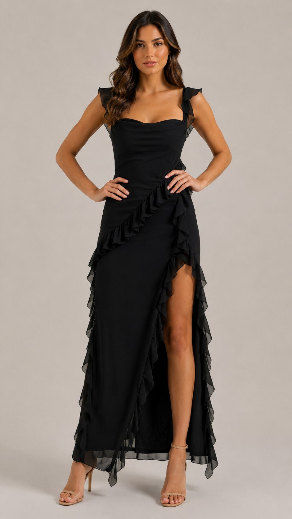 Women's Ruffled Strap High Slit Dress