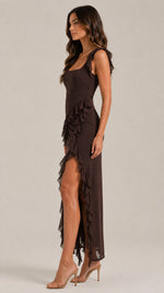 Women's Ruffled Strap High Slit Dress