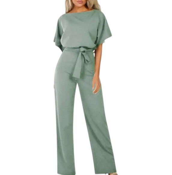 Women's Short Sleeve Boat Neck Jumpsuit
