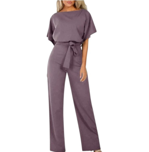 Women's Short Sleeve Boat Neck Jumpsuit