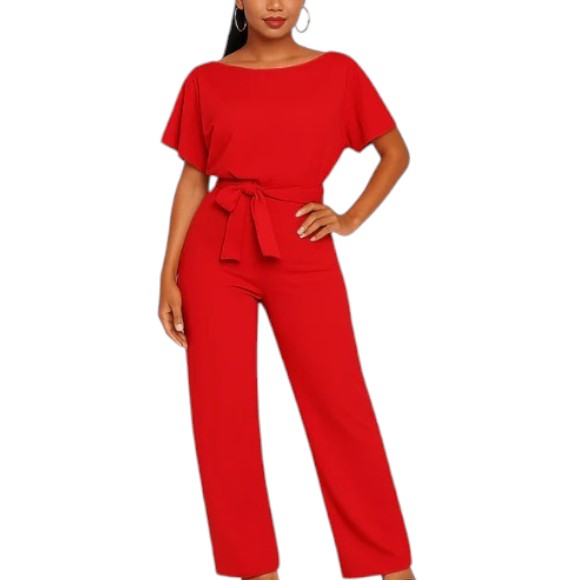 Women's Short Sleeve Boat Neck Jumpsuit