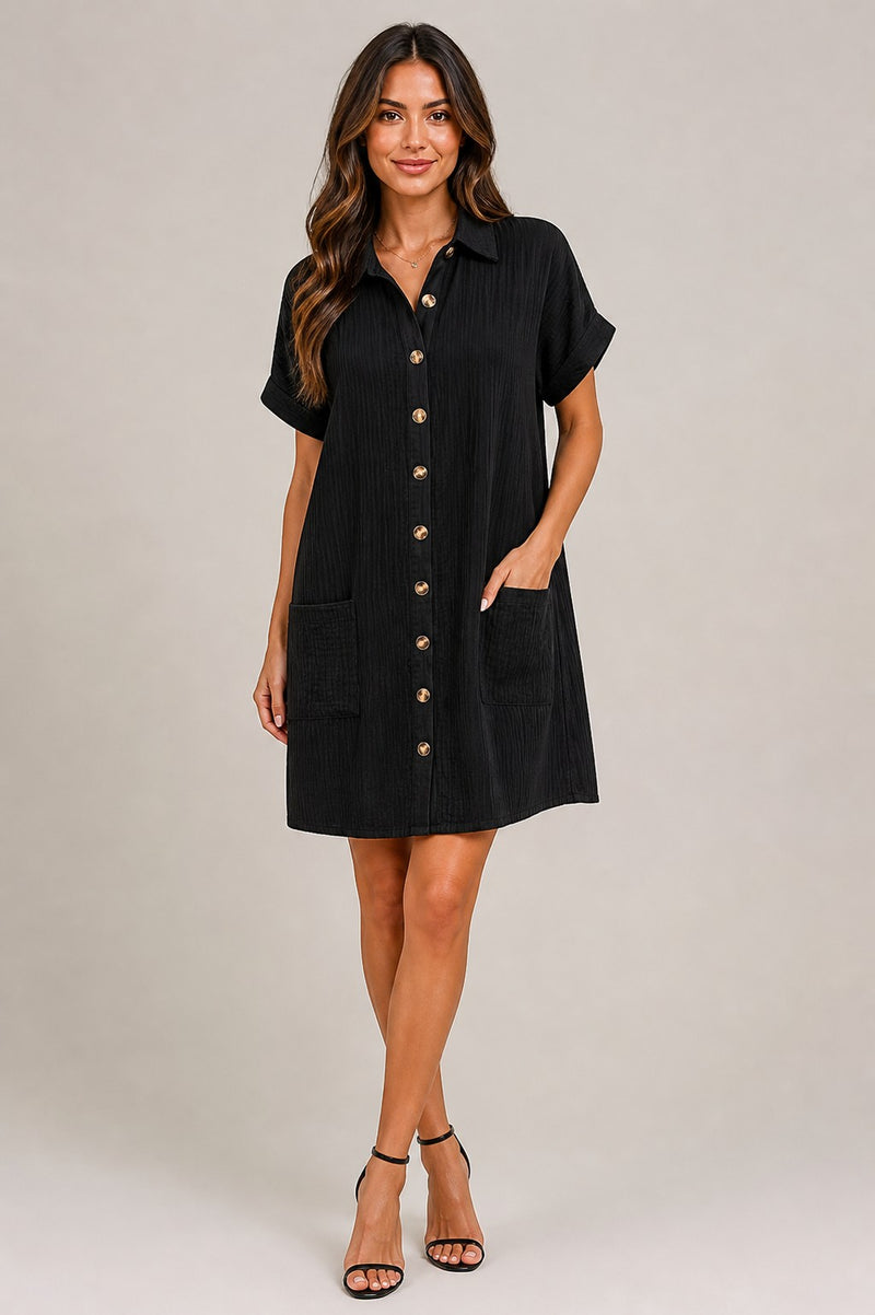 Women's Short Sleeve Button Front Mini Dress