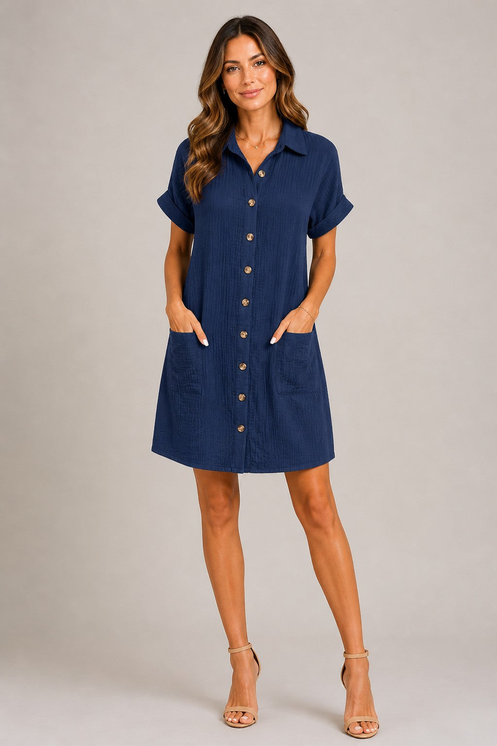 Women's Short Sleeve Button Front Mini Dress