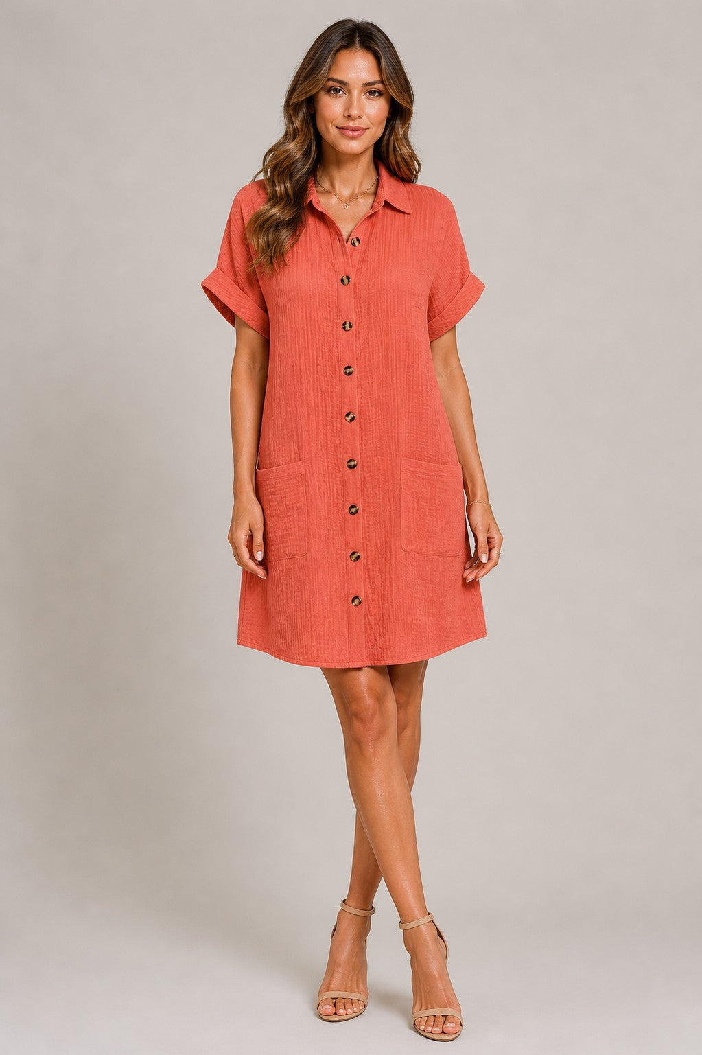 Women's Short Sleeve Button Front Mini Dress