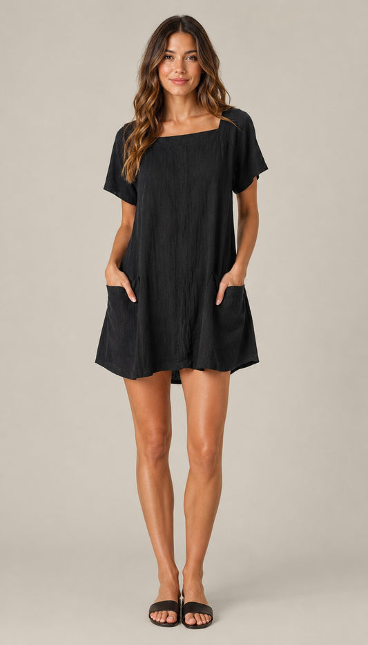 Women's Short Sleeve Square Neck Pocket Mini Dress