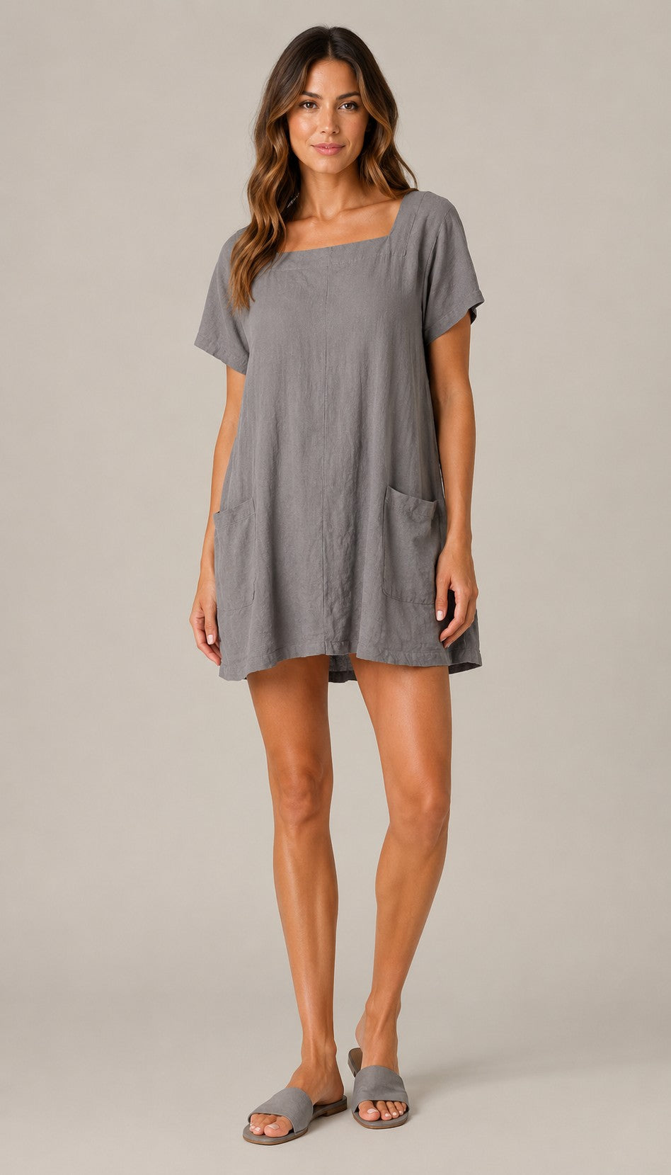 Women's Short Sleeve Square Neck Pocket Mini Dress