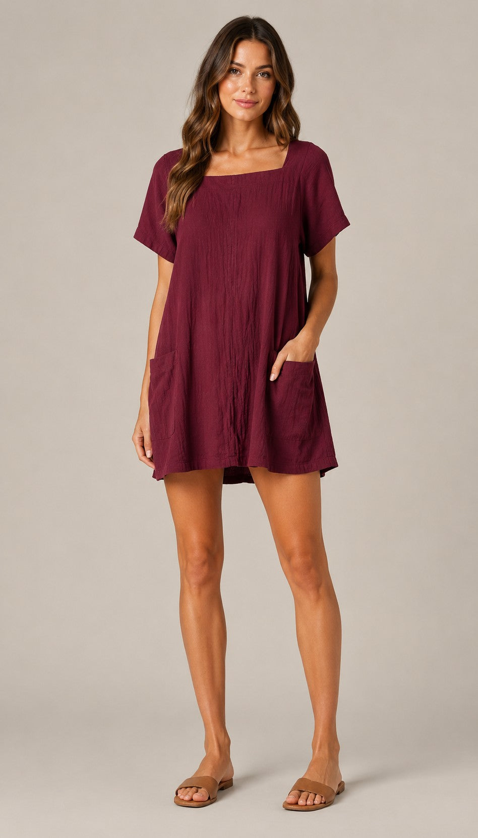 Women's Short Sleeve Square Neck Pocket Mini Dress