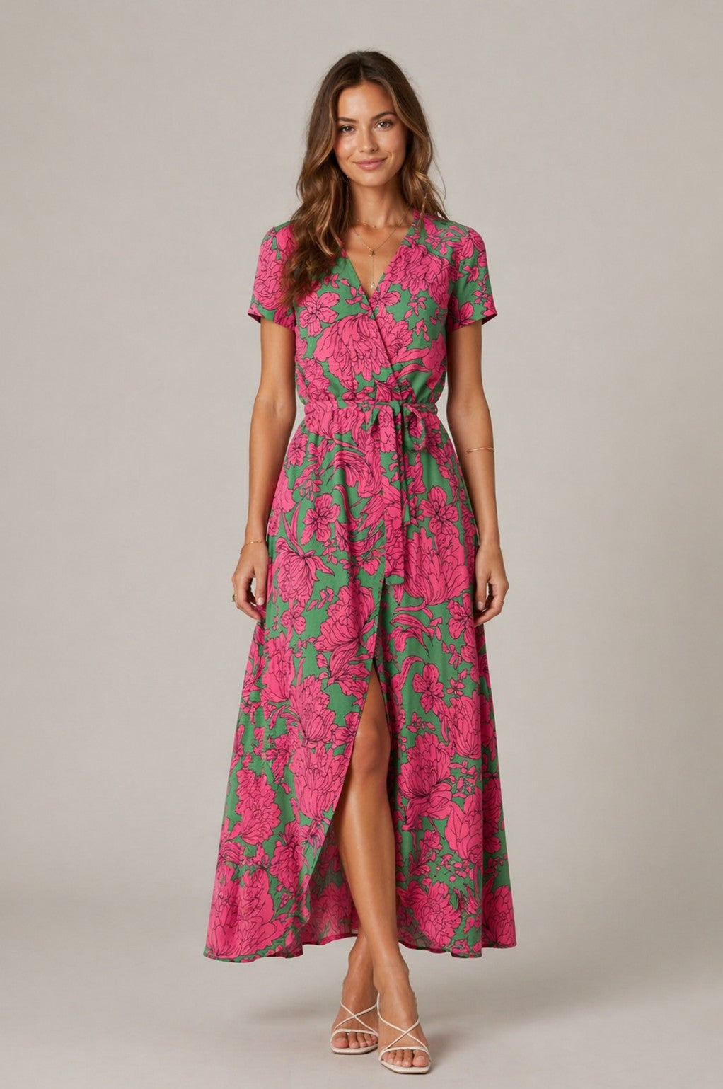 Women’s Short Sleeve Tie Waist Maxi Dress