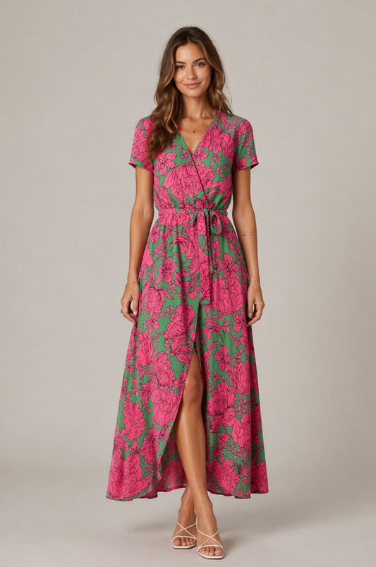 Women’s Short Sleeve Tie Waist Maxi Dress