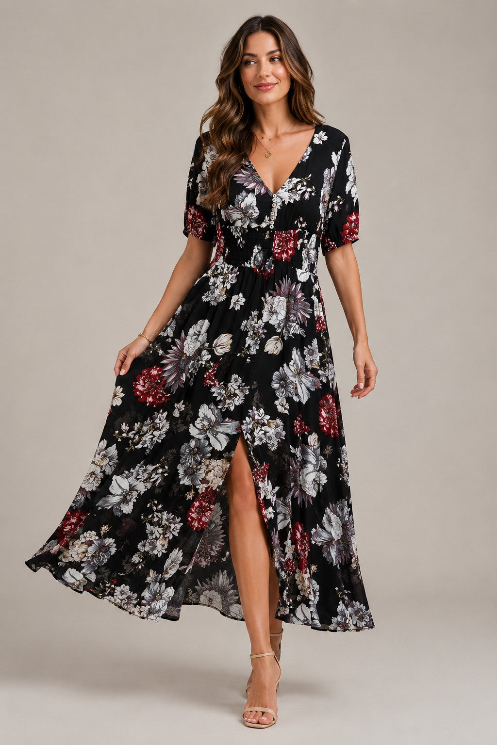 Women's Short Sleeve V-Neck Floral Maxi Dress