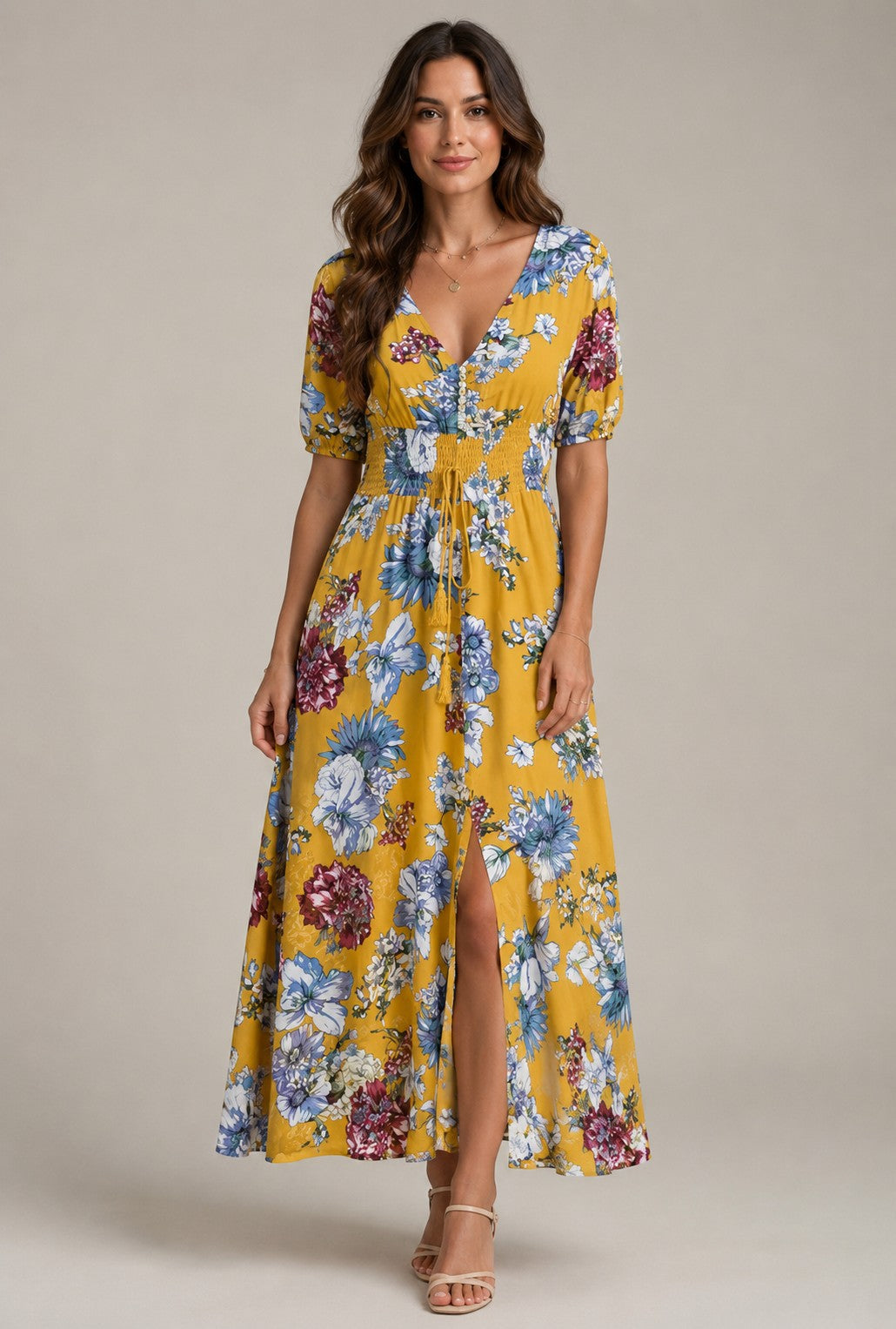 Women's Short Sleeve V-Neck Floral Maxi Dress