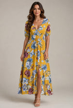 Women's Short Sleeve V-Neck Floral Maxi Dress