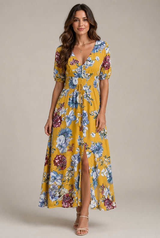 Women's Short Sleeve V-Neck Floral Maxi Dress