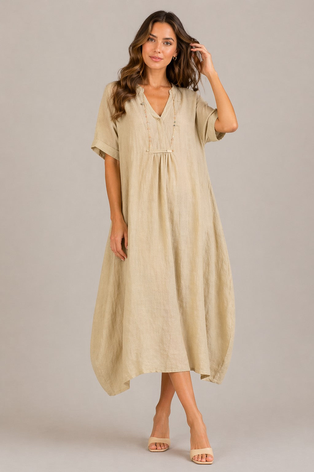 Women’s Short Sleeve V-Neck Loose Fit Midi Dress