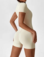 Women's Short Sleeve V-Neck Zip Front Jumpsuit