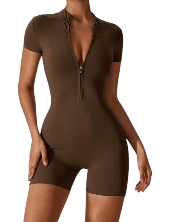 Women's Short Sleeve V-Neck Zip Front Jumpsuit